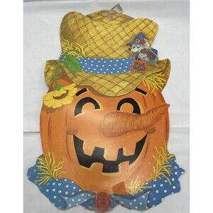Vintage Halloween Eureka JOL Scarecrow Mouse Witch Die Cut Decoration 1980